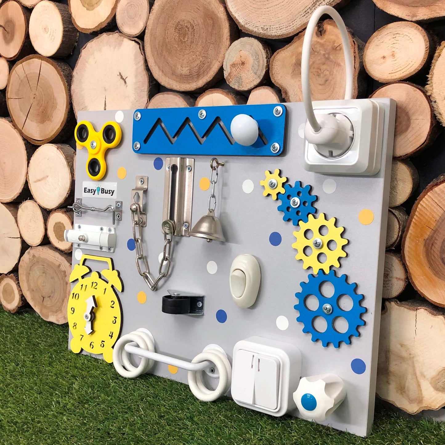 Vibrant yellow board with green fidget spinner and soft buttons
