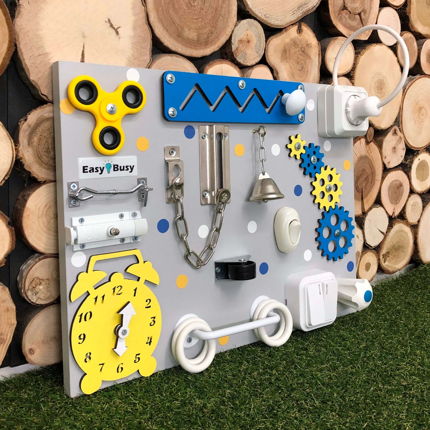 Blue-themed busy board with child-safe lock and large gears