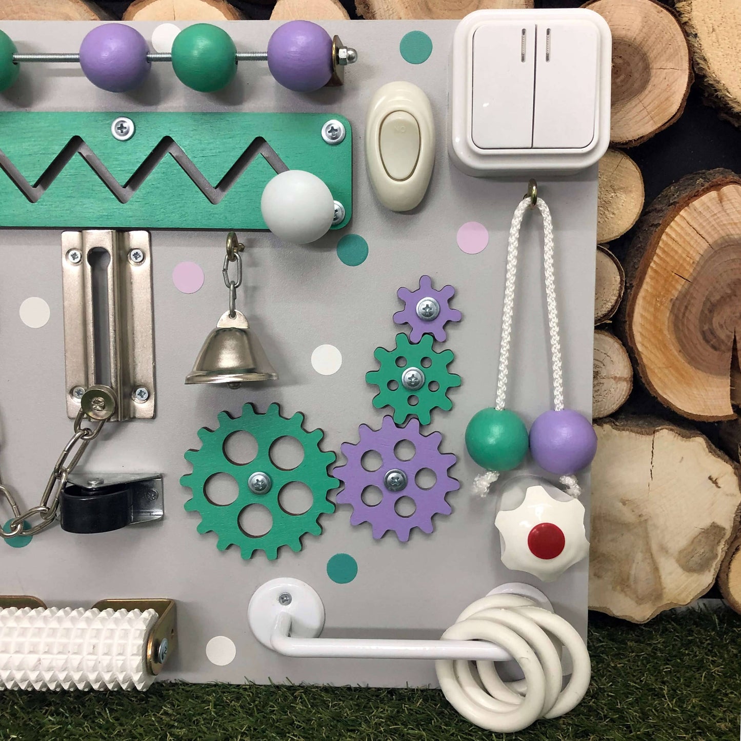 S-size busy board featuring clock, fidget spinner, and latch elements for educational play