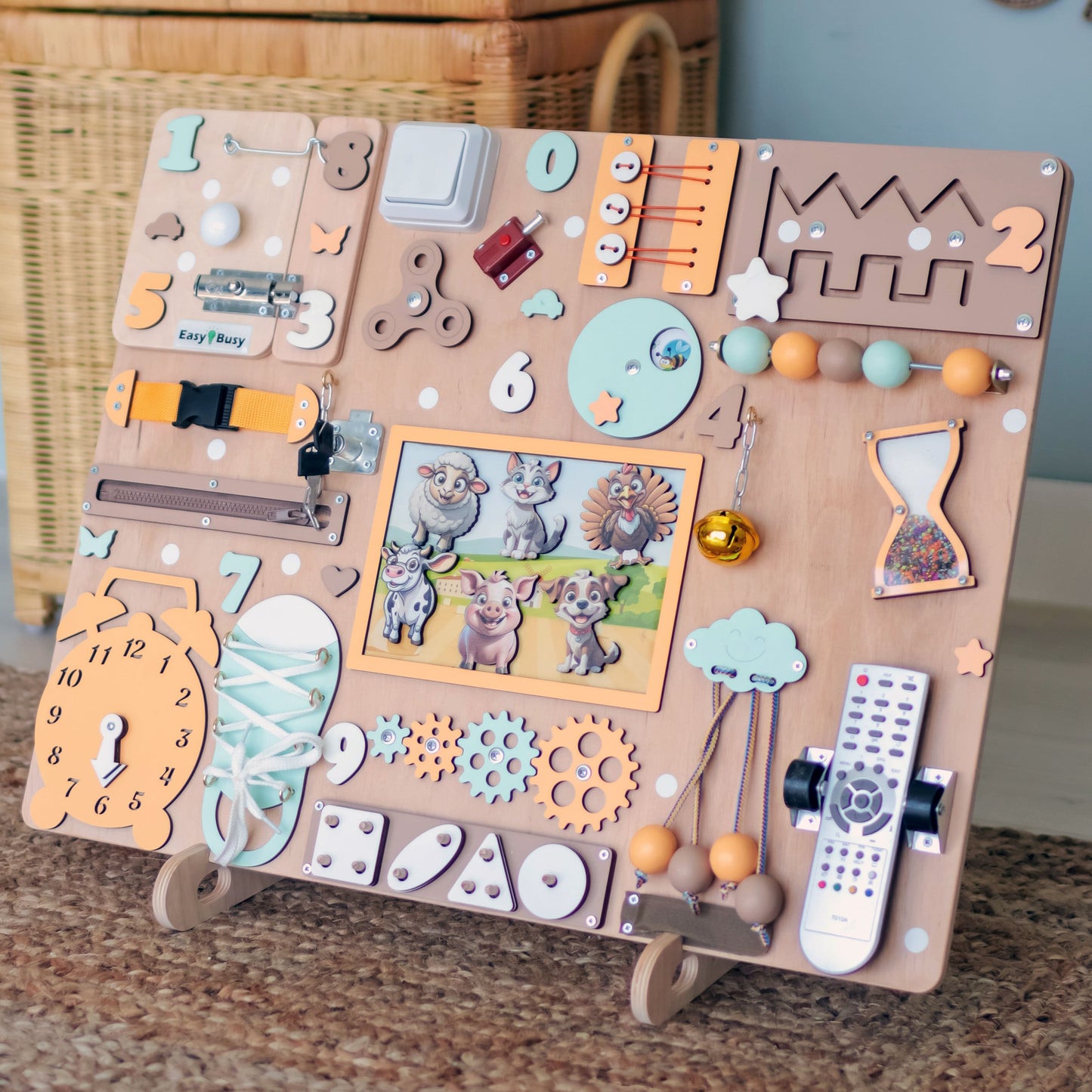 Farm-themed learning toy with fine motor skill activities for kids