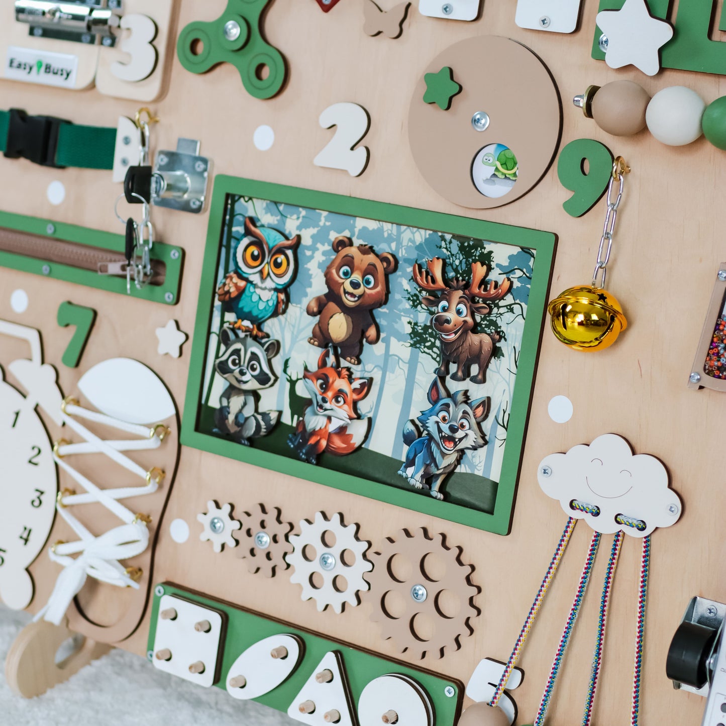 Side View of Large Busy Board – A durable 23.6x19.6-inch Montessori activity board showing smooth, child-safe edges
