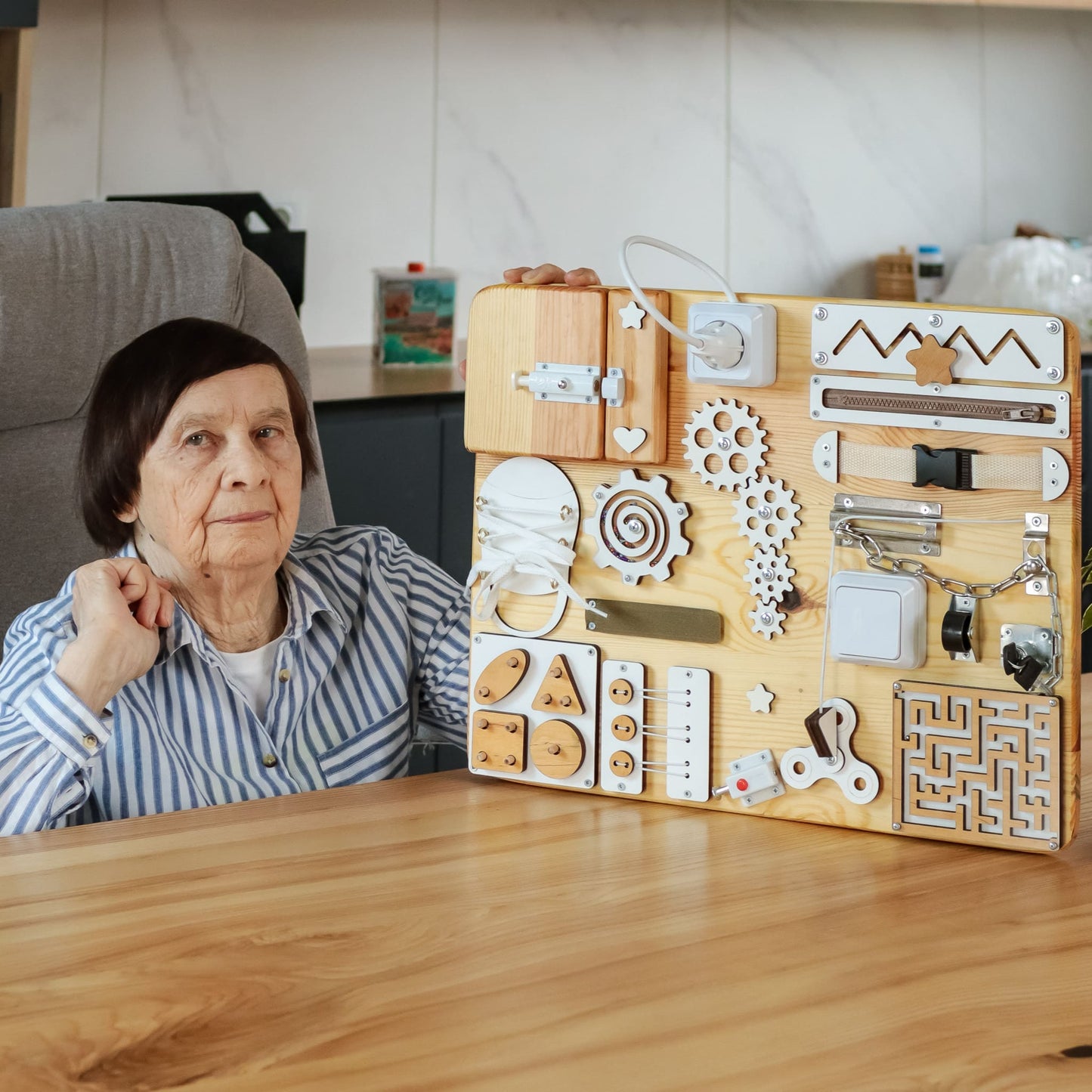 Compact White & Wood Cognitive Training Board for Seniors