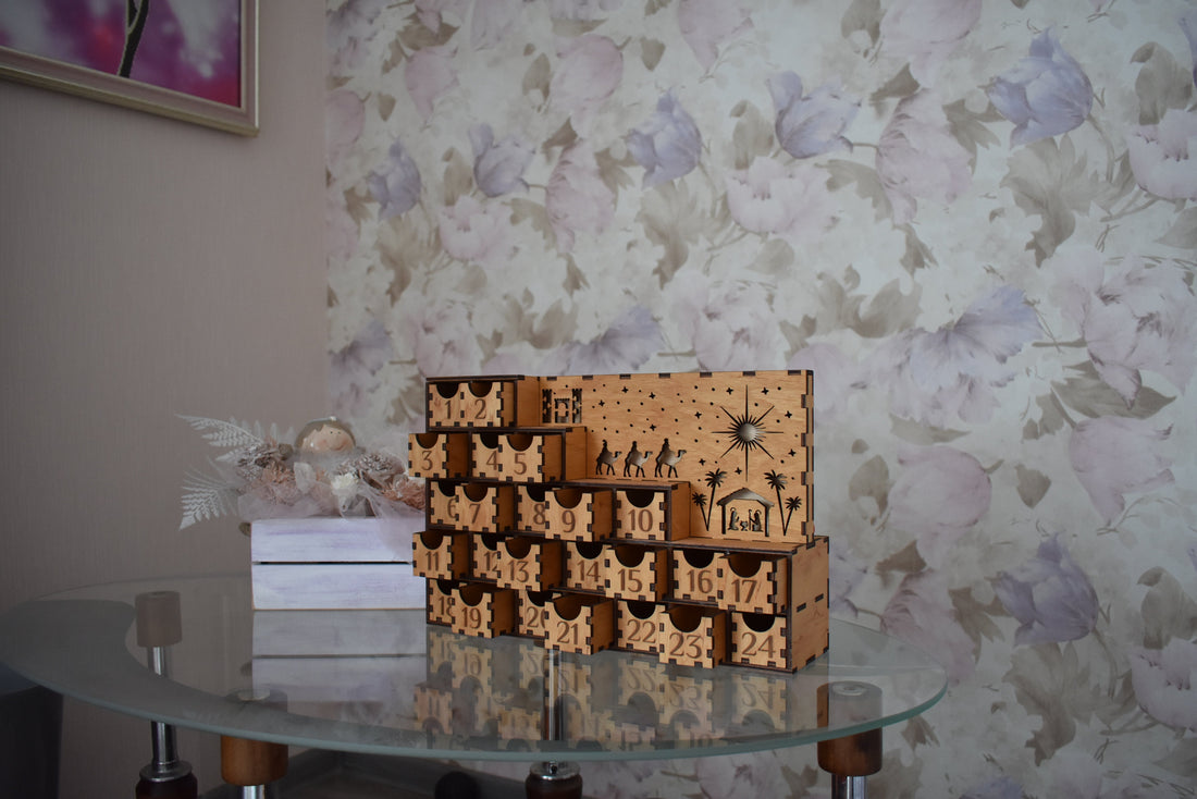 Advent Calendar Christmas Gifts – Handmade Wooden Holiday Countdown Box with Drawers and Lights