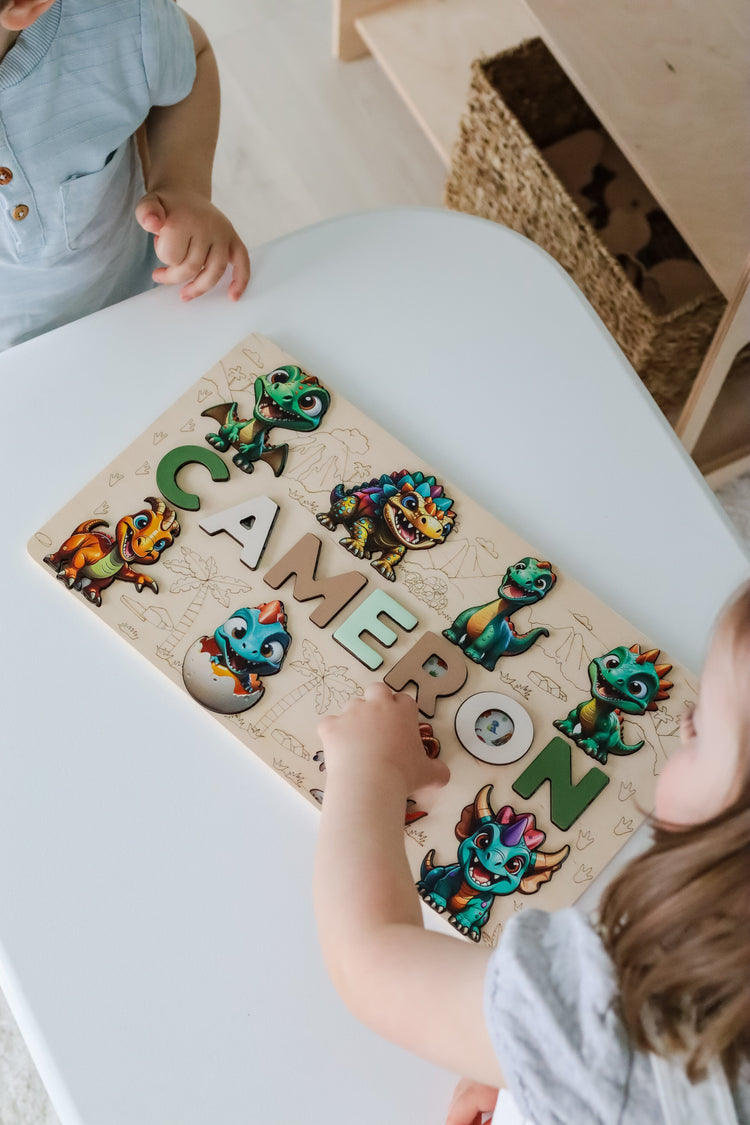 Custom wooden name puzzle for toddlers, designed to help children learn letters and develop fine motor skills while having fun