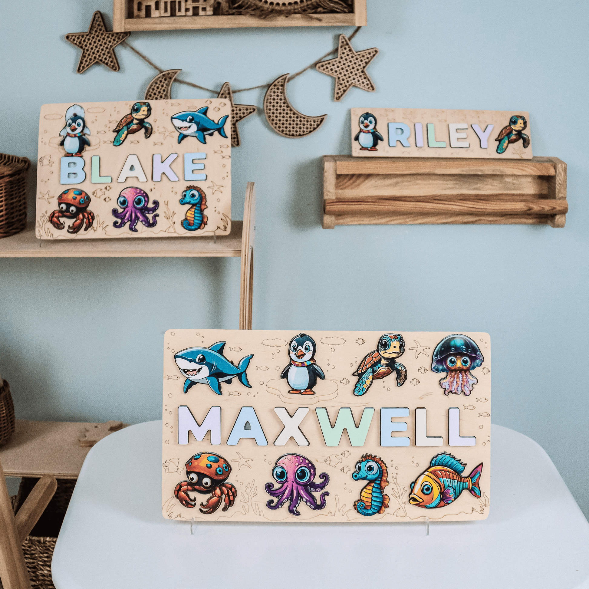 Baby name puzzle with ocean background