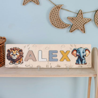 Montessori toy with engraved name and safari creatures