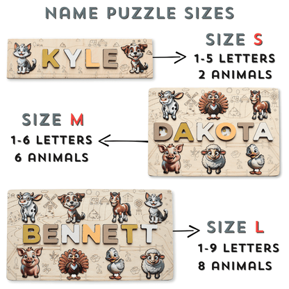 Custom wooden name puzzle with barnyard animals