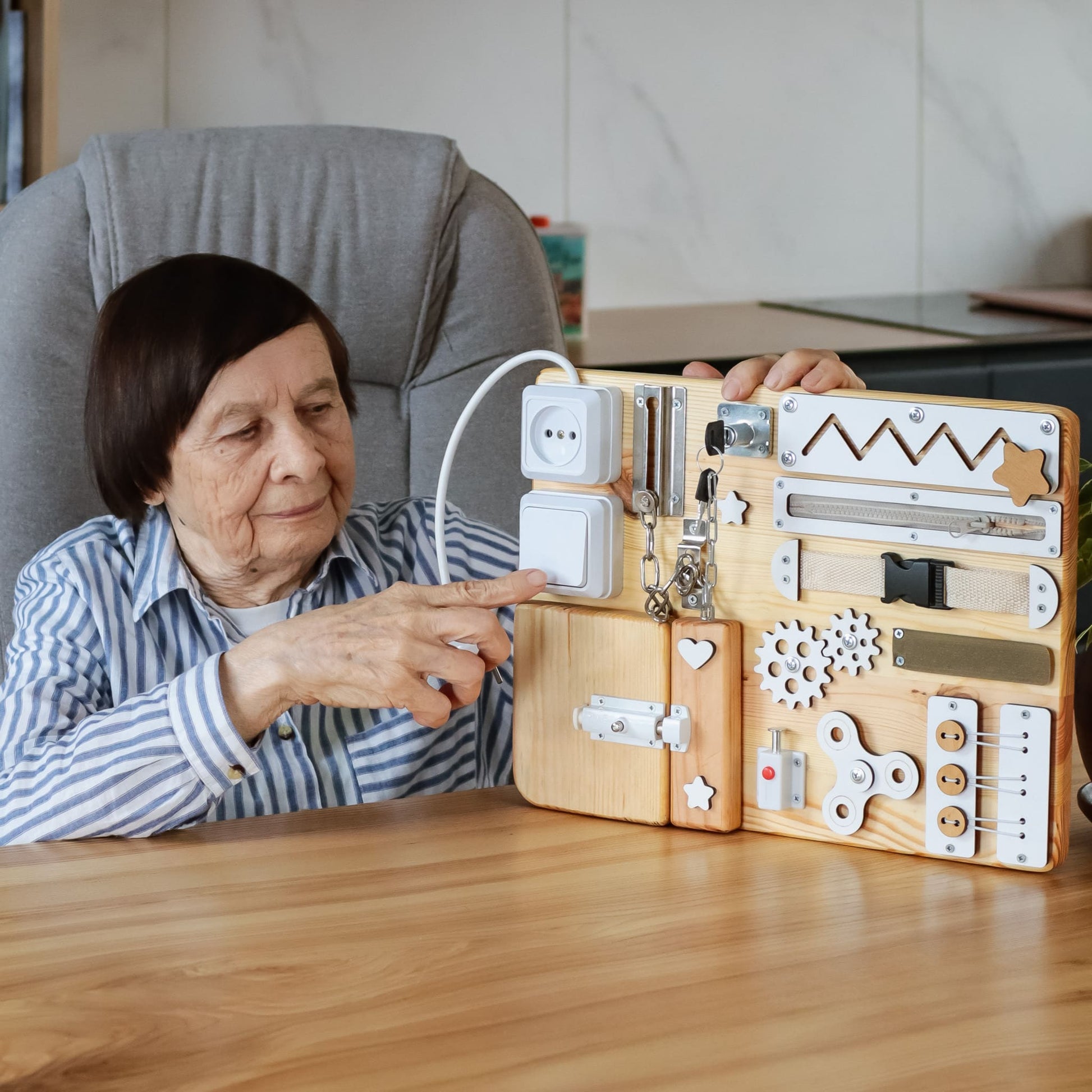 Small Dementia Busy Board in Natural Wood with White Elements