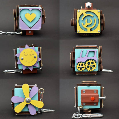 Mini Montessori busy cube with owl and gears