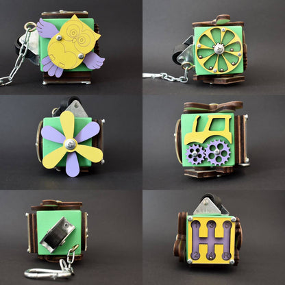 Montessori busy cube with gears and keychain