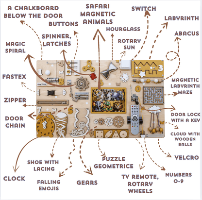 Toddler playing with an oversized wooden safari-themed busy board