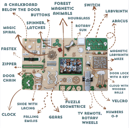Toddler engaging with a Montessori-inspired forest busy board, arranging magnetic animals