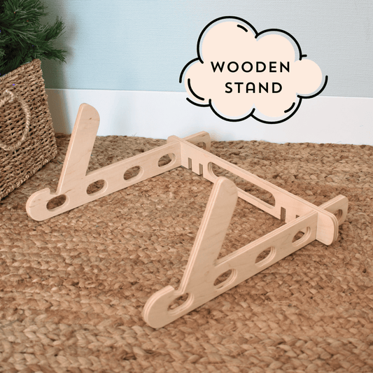 Natural wood support frame for Montessori activity board