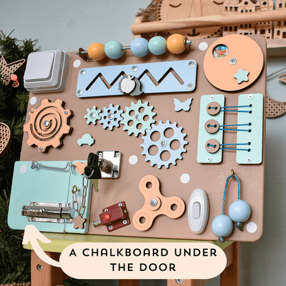 Montessori travel busy board in pastel tones