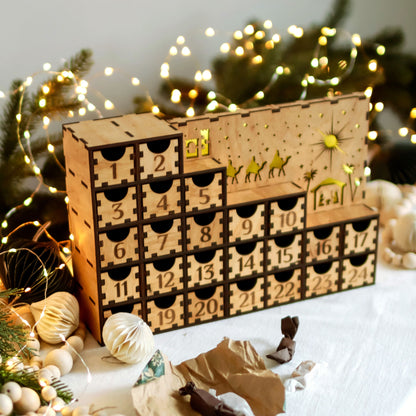 "Handmade Wooden Advent Calendar – Large Drawers & LED Lights for Christmas Countdown"
Description: A beautifully crafted wooden Advent calendar with 24 numbered drawers, glowing LED lights, and a festive holiday design, perfect for Christmas home décor and family traditions.