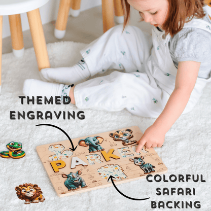 Toddler Montessori puzzle with giraffe and zebra