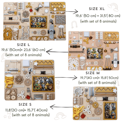 Safari adventure-themed busy board with an expansive play area
