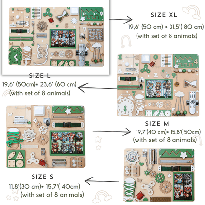 Woodland-themed animated busy board with magnetic forest animals like foxes, owls, and deer