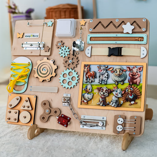Farm-themed animated busy board (Size M) with magnetic farm animals