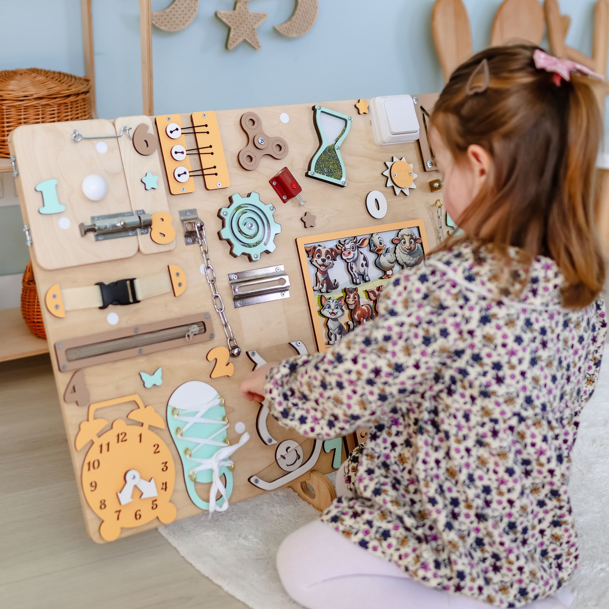 Barnyard animal magnets on a spacious farm sensory play panel