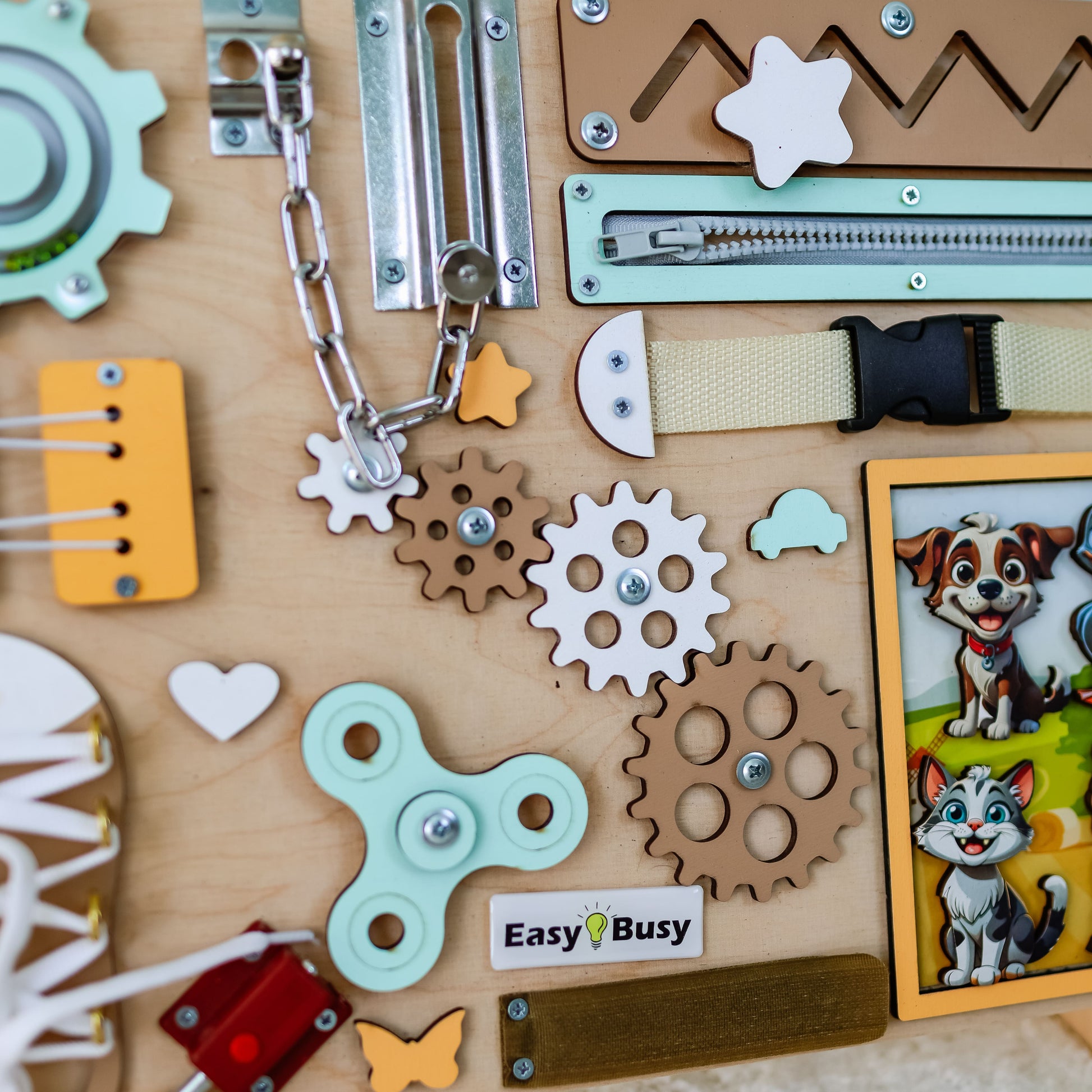 Interactive farm animals on a handcrafted busy board