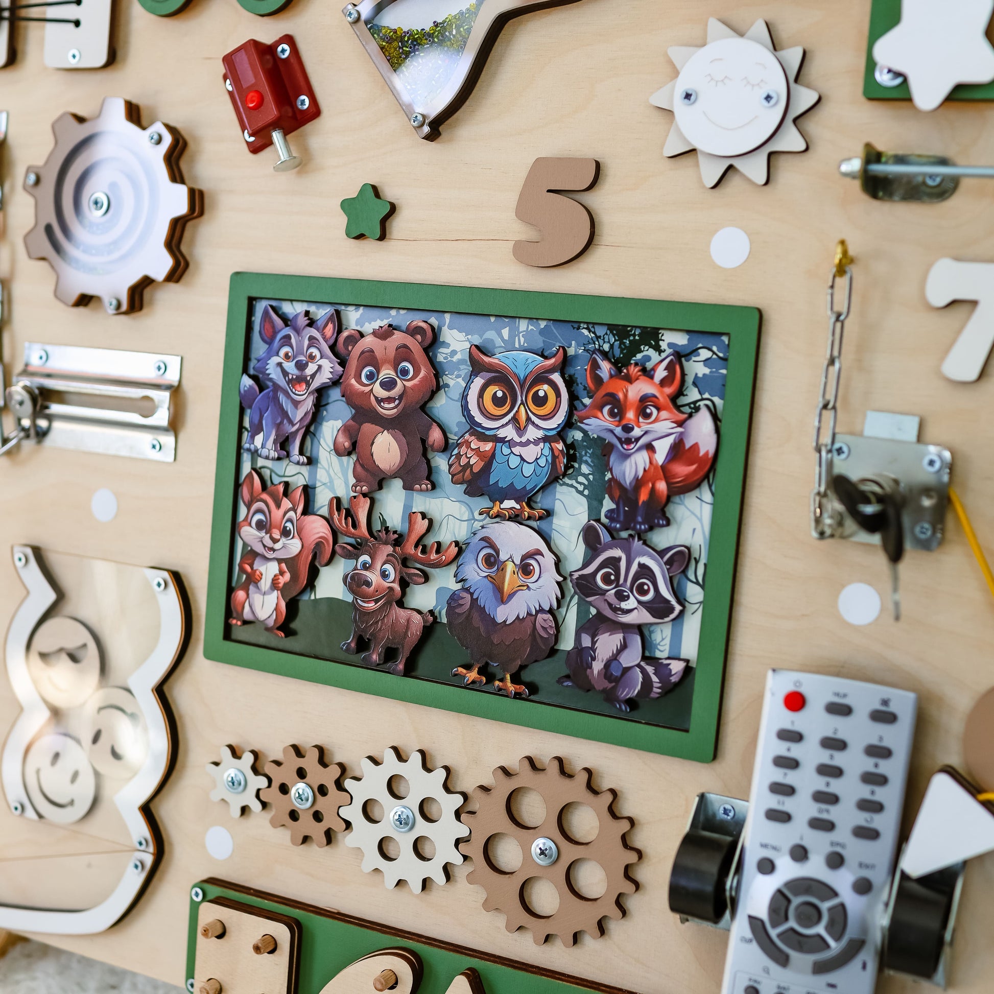 Montessori learning toy with a nature-inspired background