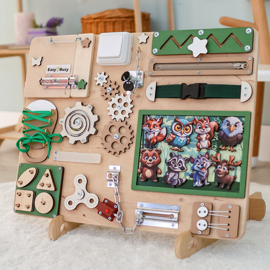 Woodland-themed animated busy board (Size M) with magnetic forest animals