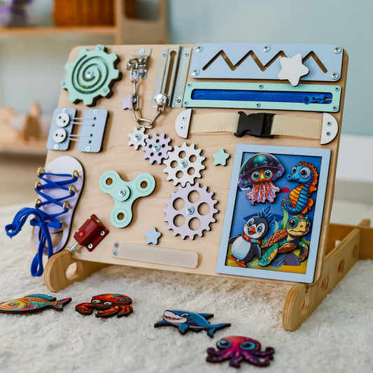 Sea-themed animated busy board (Size S) with magnetic ocean animals