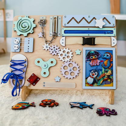 Interactive marine animals on a beautifully designed ocean busy board