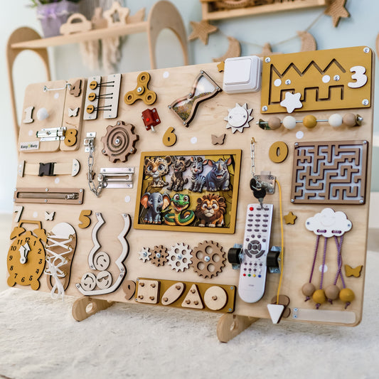 Extra-large safari-themed animated busy board (Size XL) with magnetic animals