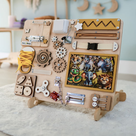 Safari-themed animated busy board (Size M) with magnetic jungle animals