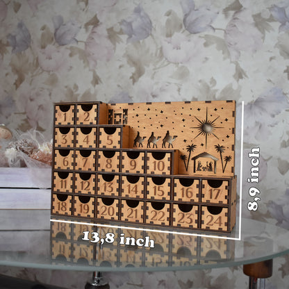 Advent Calendar with LED Lights Turned On – The wooden Advent calendar glowing with warm LED lighting, creating a cozy holiday ambiance