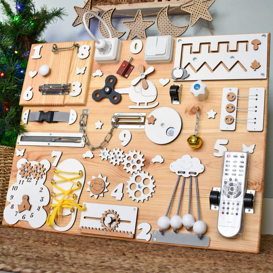 Tactile activity board with pine base and white parts