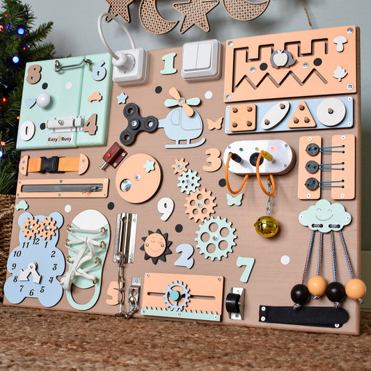 Front View of Large Interactive Busy Board with Light Module" – A 23.6x19.6-inch handmade wooden activity board featuring interactive sensory elements