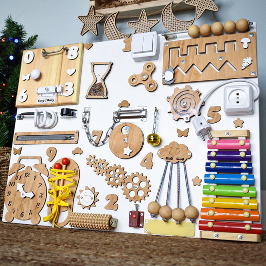 Interactive toddler toy with birch gears and latches