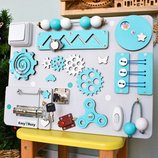 Travel-friendly sensory board with gears and fidget spinner