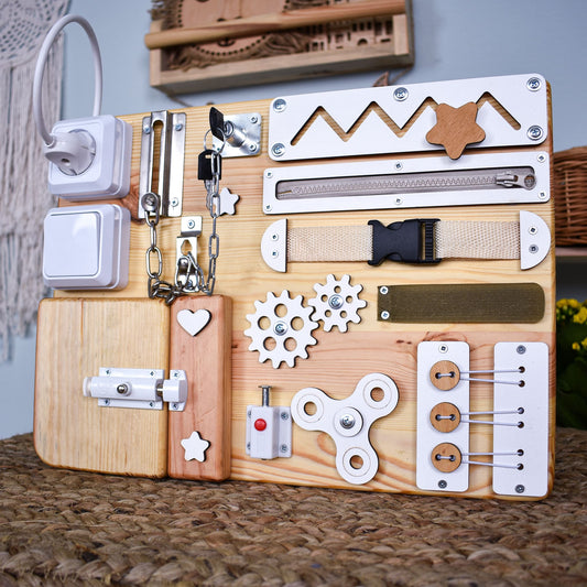 Natural wood sensory toy with interactive components