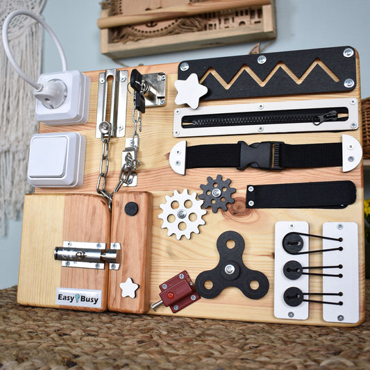 Montessori busy board with black and natural wood design