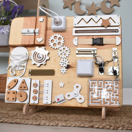 Medium Dementia Busy Board in Natural Wood with White Elements