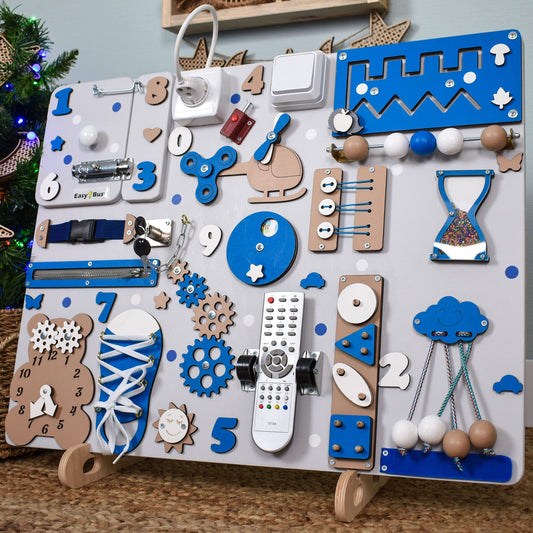 Interactive fine motor board with child-safe features
