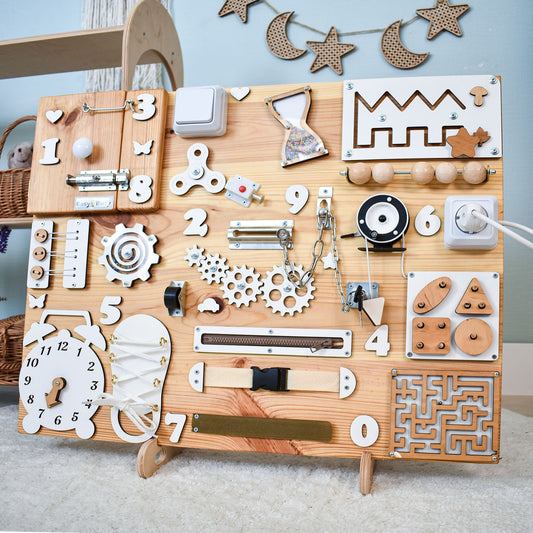 Large Dementia Busy Board in Natural Wood with White Elements
