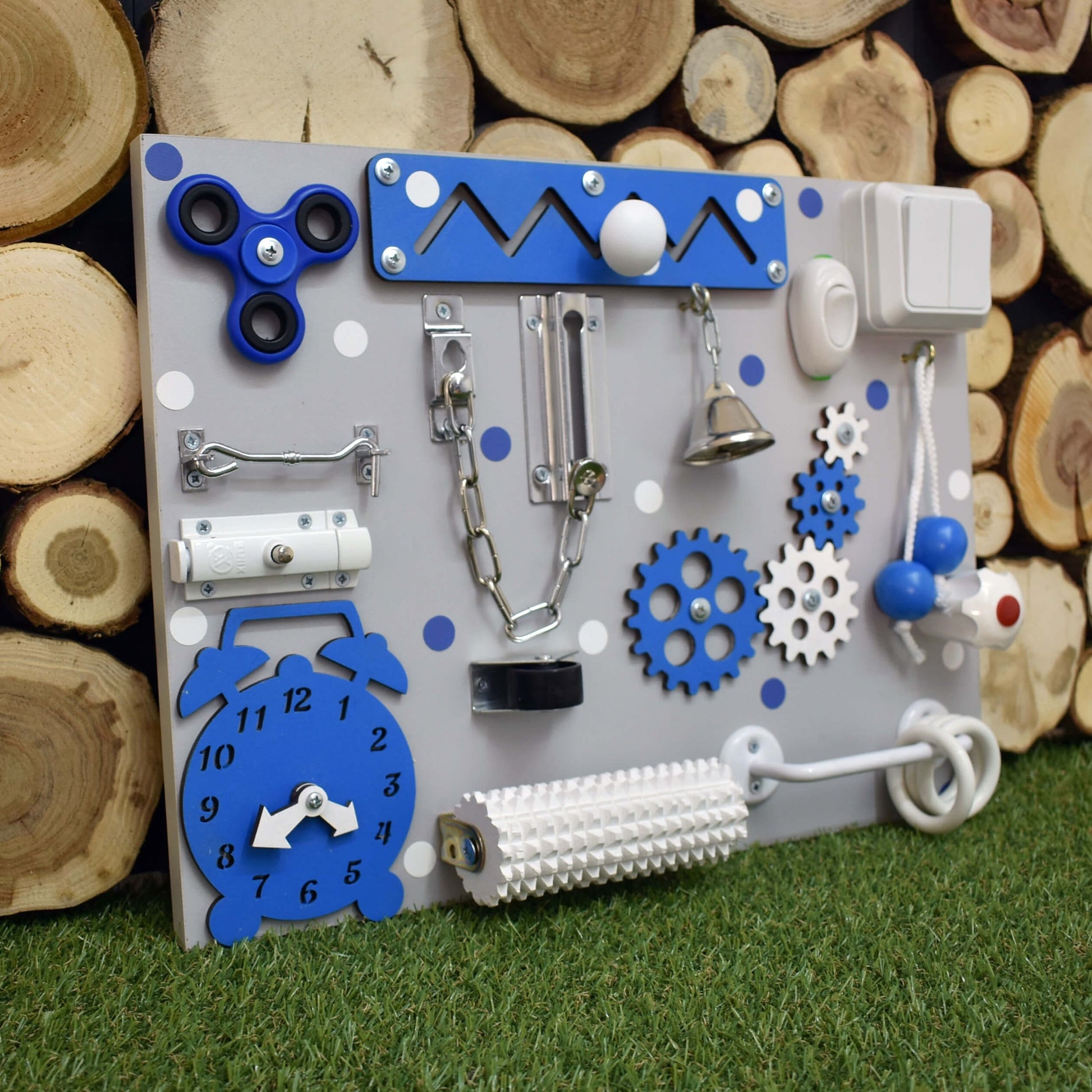Busy board with polka dot background and colorful layout