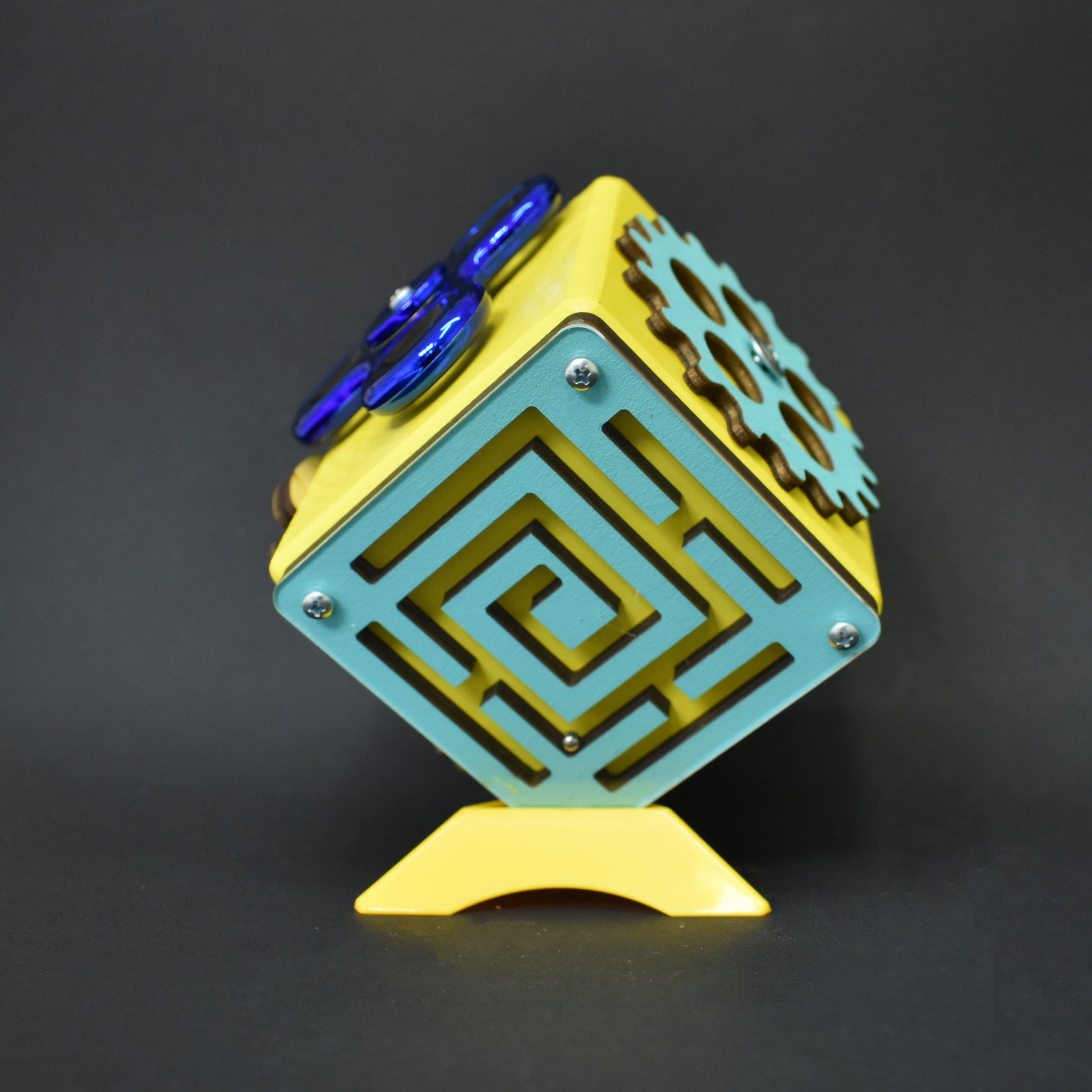 Yellow gear maze busy cube for toddlers