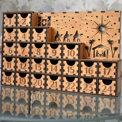 Advent Calendar Next to a Christmas Tree – A beautifully styled shot of the Advent calendar placed next to a decorated Christmas tree, enhancing the festive atmosphere