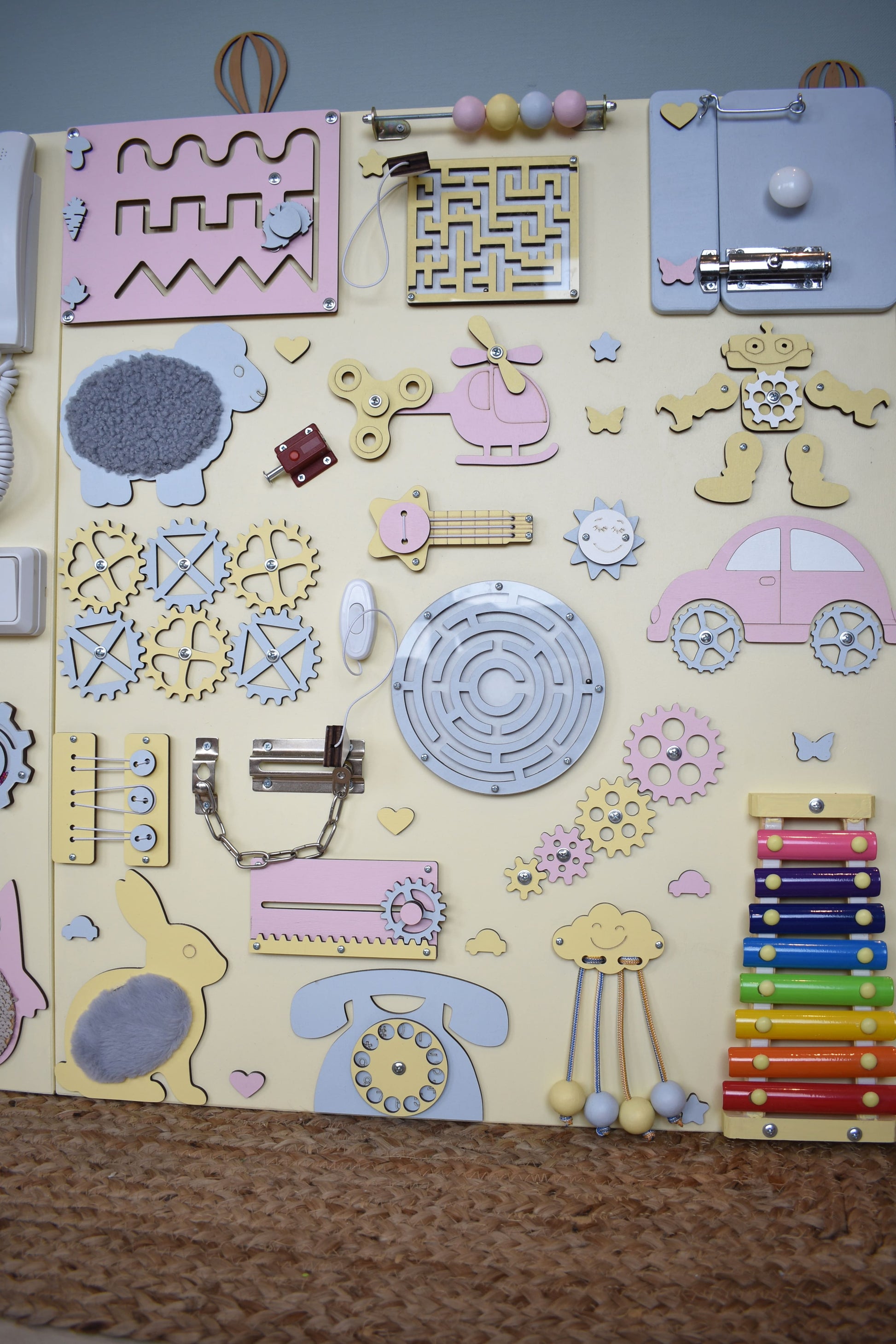 Modular activity board for kids play corner in hotels, clinics, and public spaces