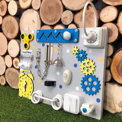 Vibrant yellow board with green fidget spinner and soft buttons