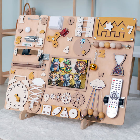 Large safari-themed animated busy board (Size L) with magnetic animals