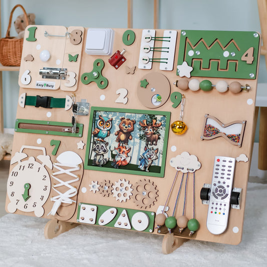 Busy Board in Gift Packaging – The beautifully wrapped wooden activity board, ready to be gifted