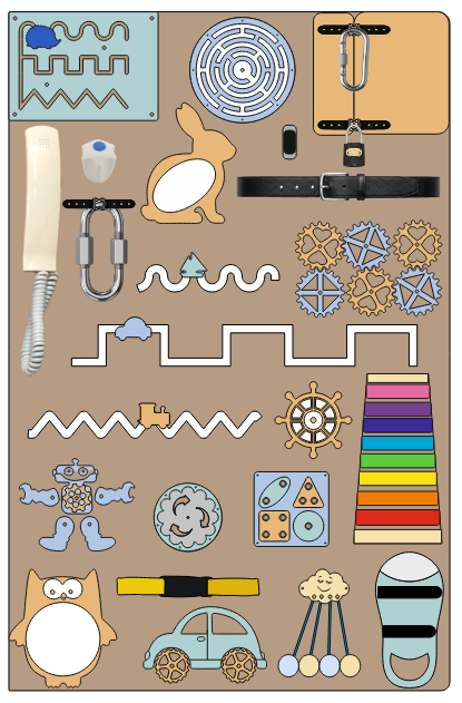 Adult sensory busy board with specialized elements for autism therapy and rehabilitation use