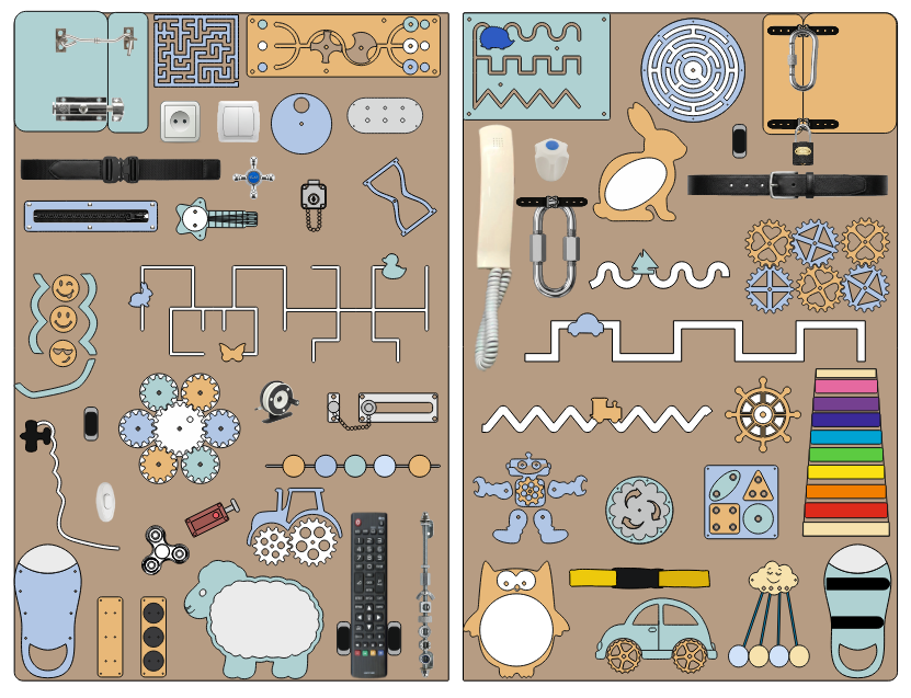 Wall-mounted sensory activity board for adults with autism in a professional therapy room